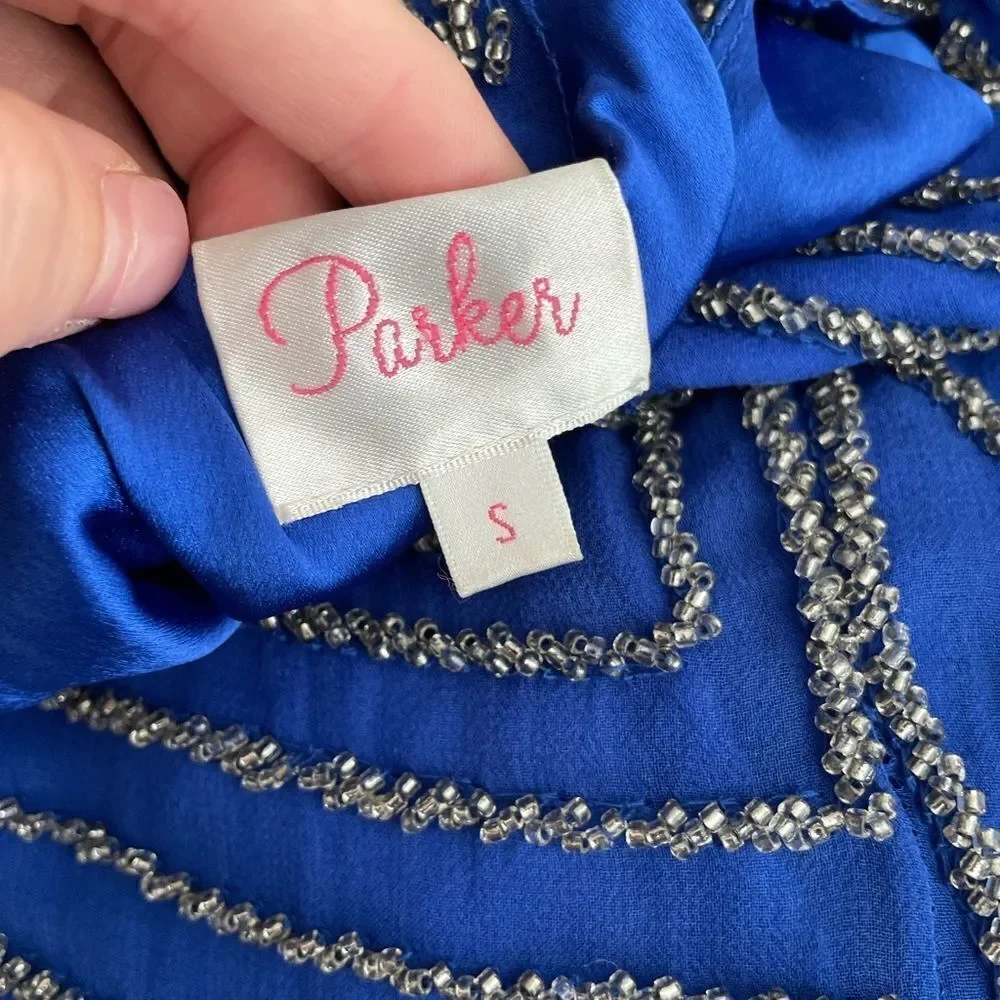Parker Silk Beaded Sequins Geometric Cocktail Mini Dress Sz‎ Small Blue Silver