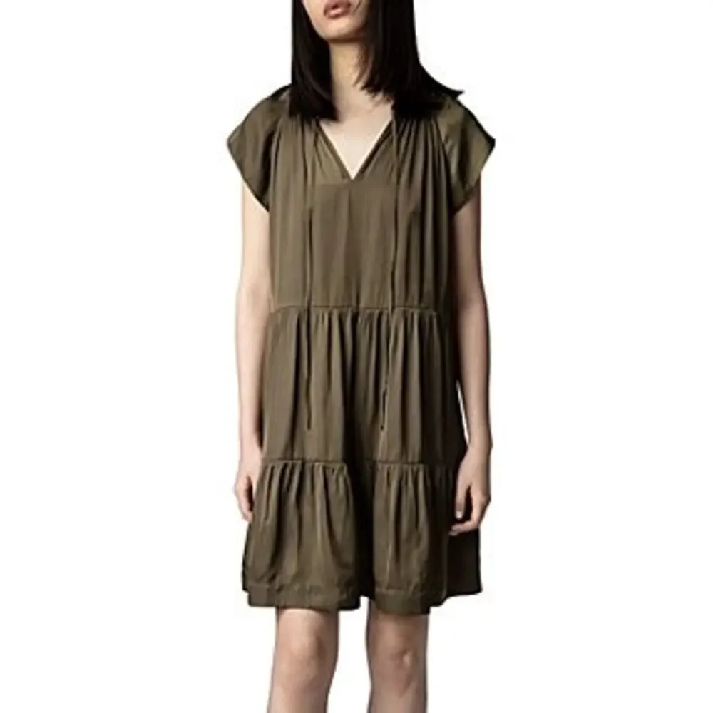 Zadig & Voltaire NWOT‎ Rito Tiered Satin Dress in Kaki Green Size XS MSRP $398