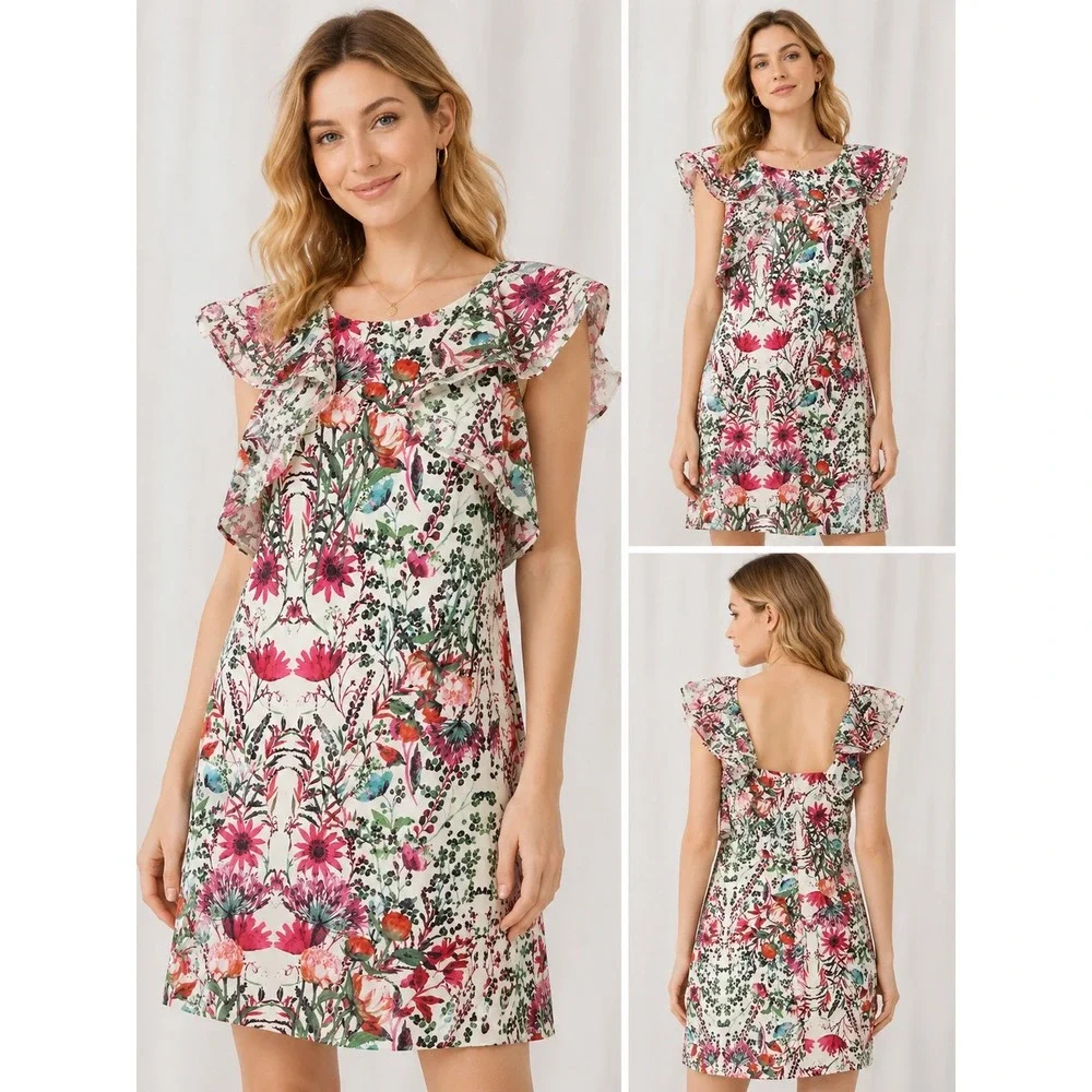 Belle Badgley Mischka‎ Floral Ruffle Neck Mini Dress Pink Green White Size 4
