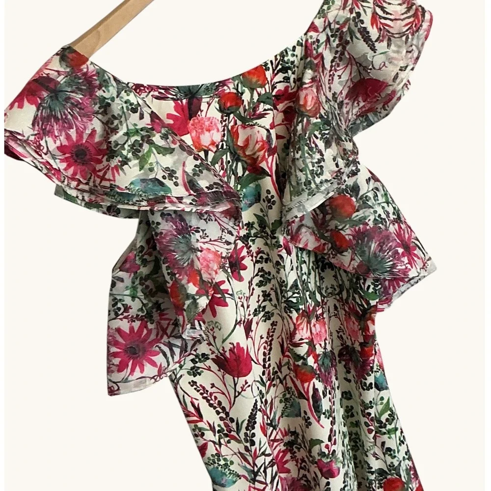 Belle Badgley Mischka‎ Floral Ruffle Neck Mini Dress Pink Green White Size 4