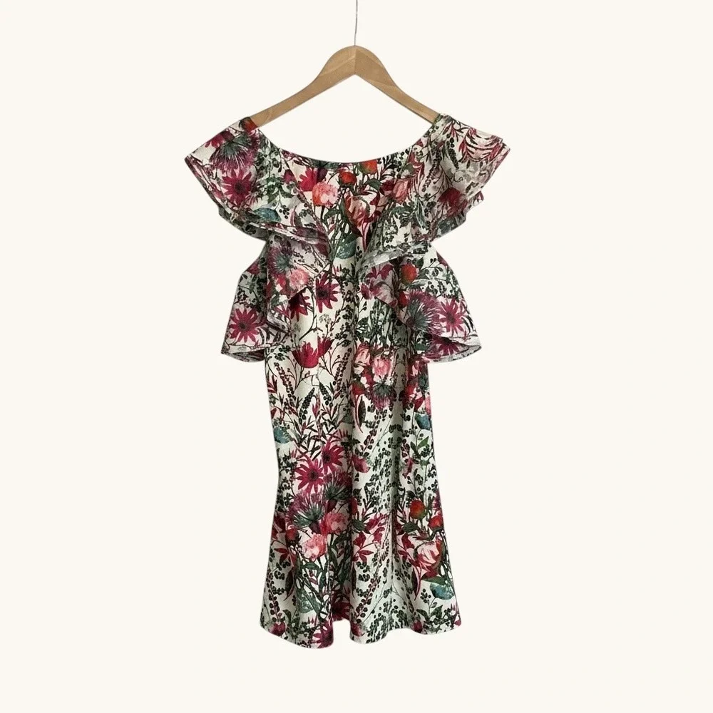 Belle Badgley Mischka‎ Floral Ruffle Neck Mini Dress Pink Green White Size 4