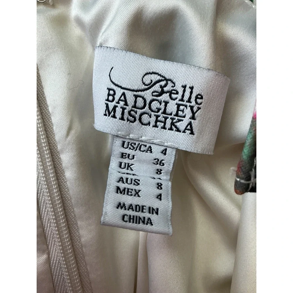 Belle Badgley Mischka‎ Floral Ruffle Neck Mini Dress Pink Green White Size 4