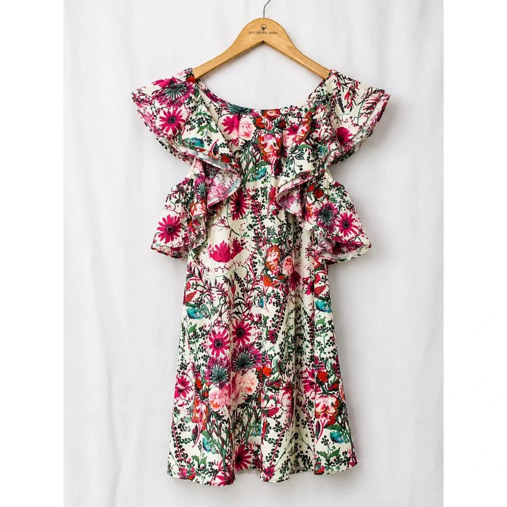 Belle Badgley Mischka‎ Floral Ruffle Neck Mini Dress Pink Green White Size 4