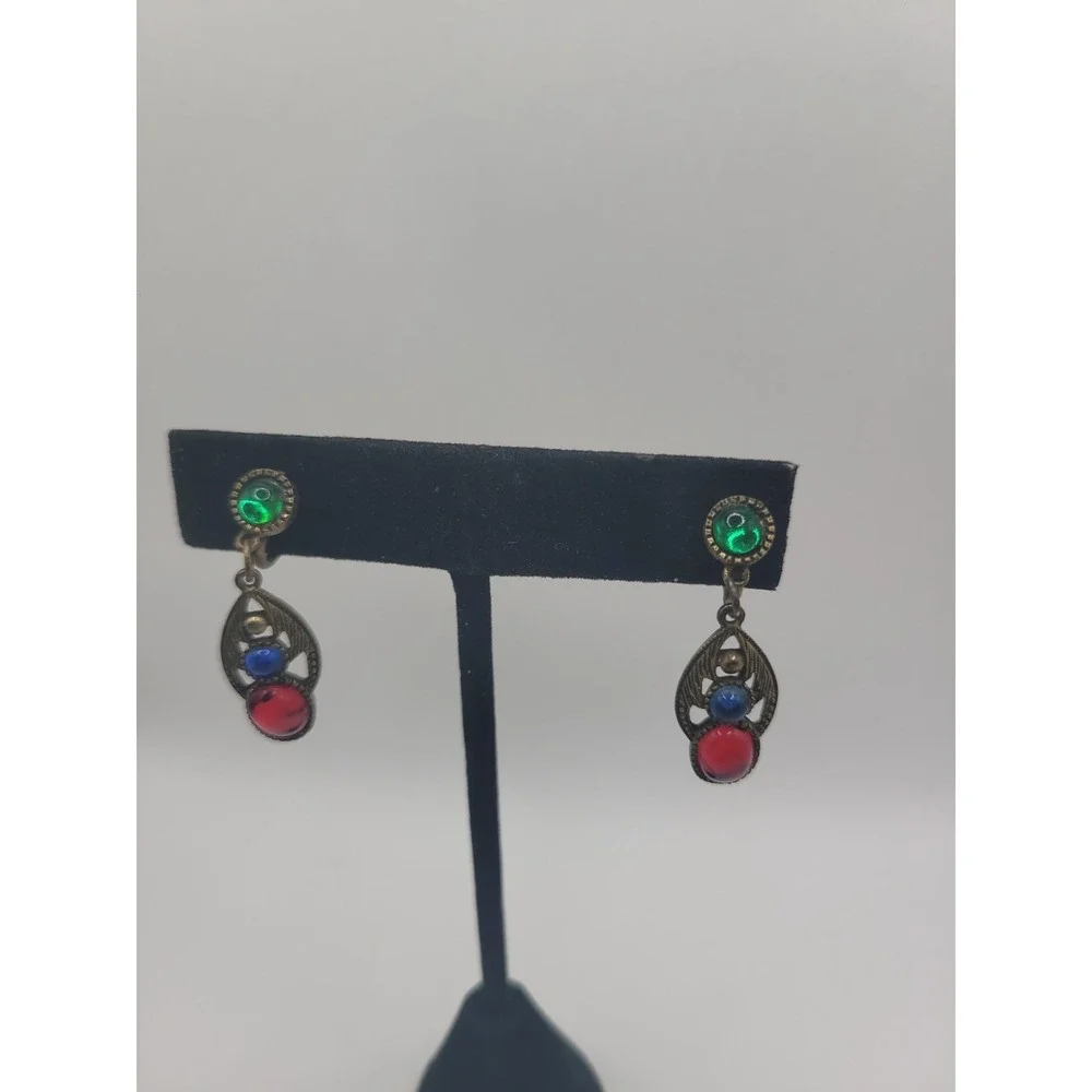 Vintage Multicolor Glass Cabochon Clip On Earrings Red Blue Green Gold Tone Dang
