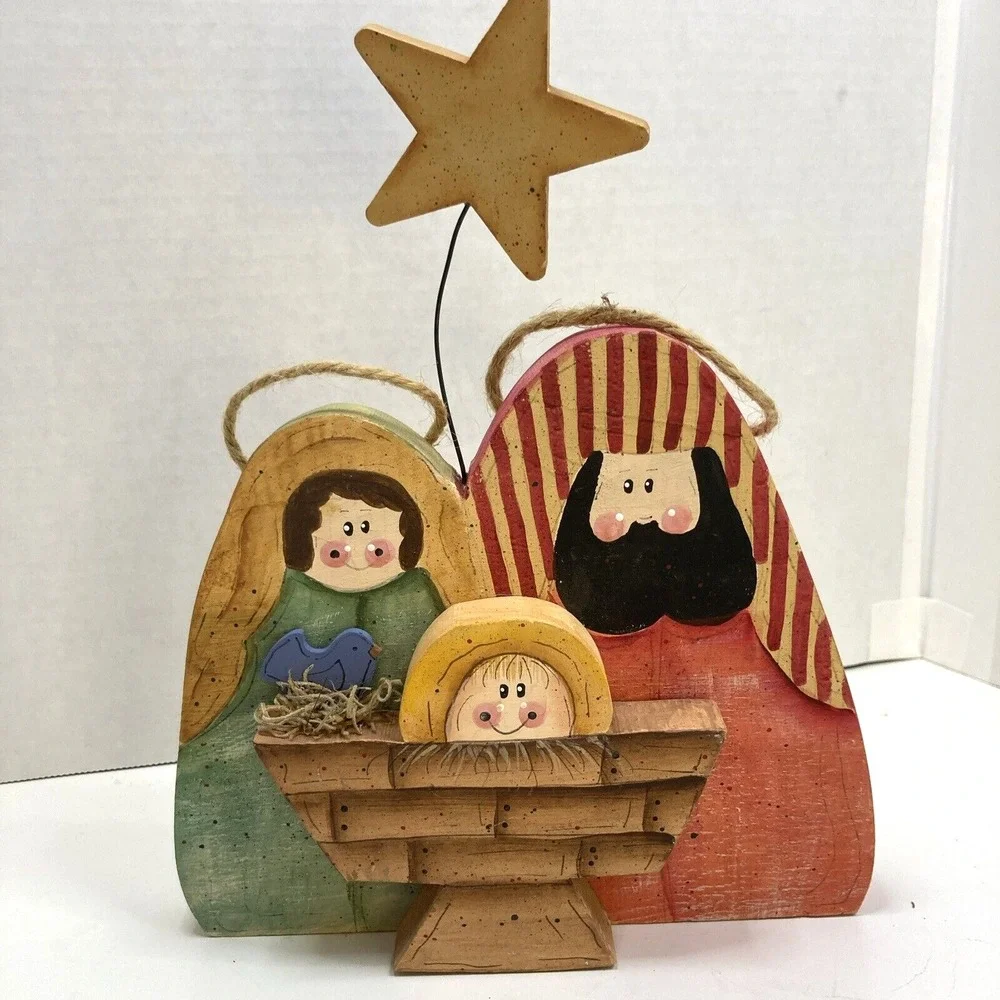 Vtg Country Handmade‎ Mary Joseph Baby Jesus Major Nativity Wooden Handpainted