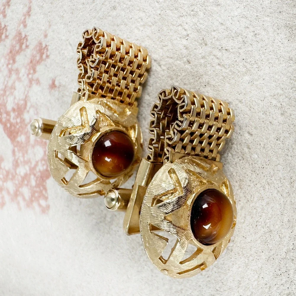 Vintage Gold Tone Mesh Cufflinks Tiger's Eye‎ Cabochon Starburst 1960s-70s Retro