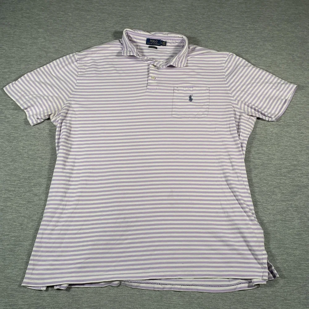 Polo Ralph Lauren Polo Shirt‎ Mens Large Purple White Striped Classic Fit Pony