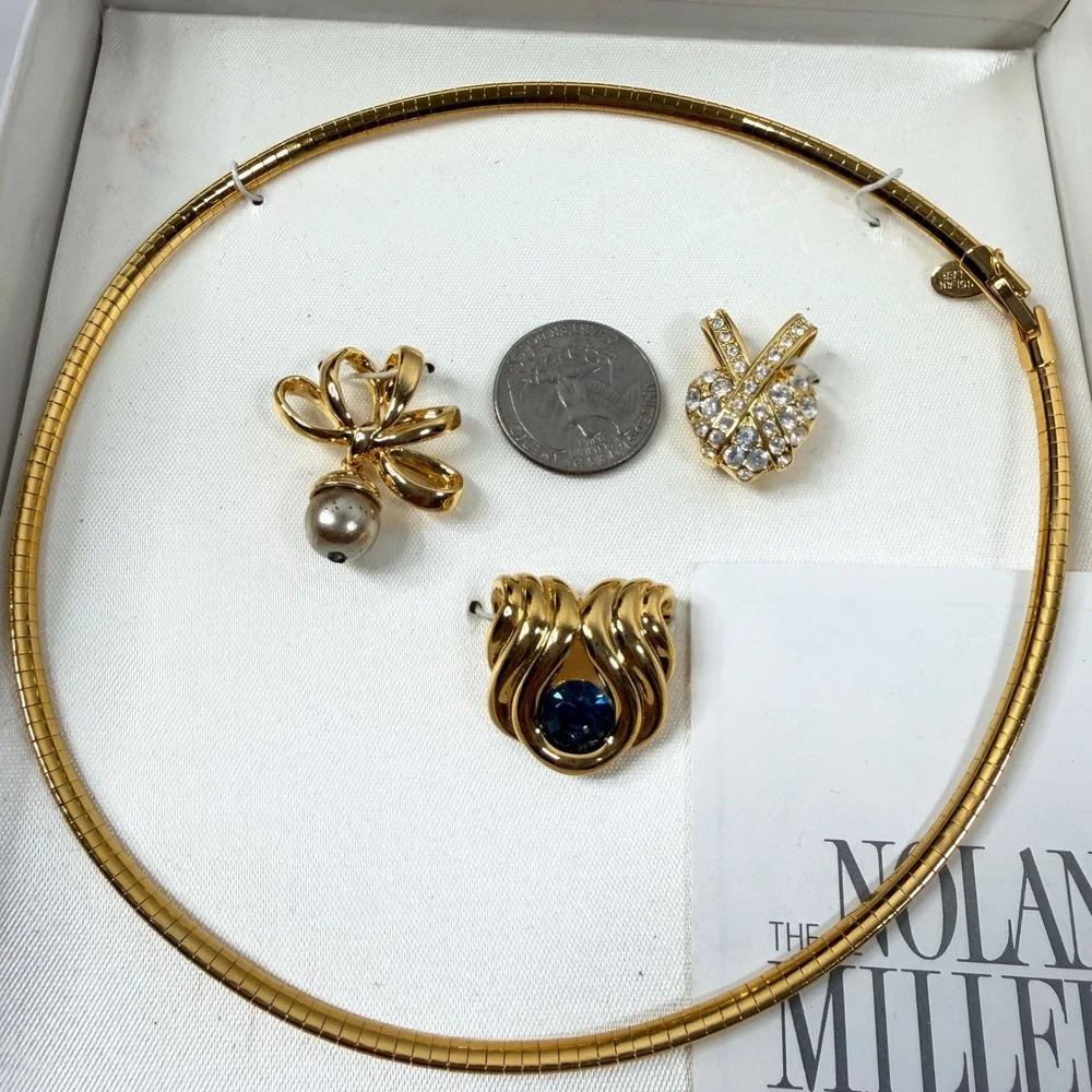 Nolan Miller Glamour Collection Gold Tone Omega Necklace 3 Slide Pendants Set