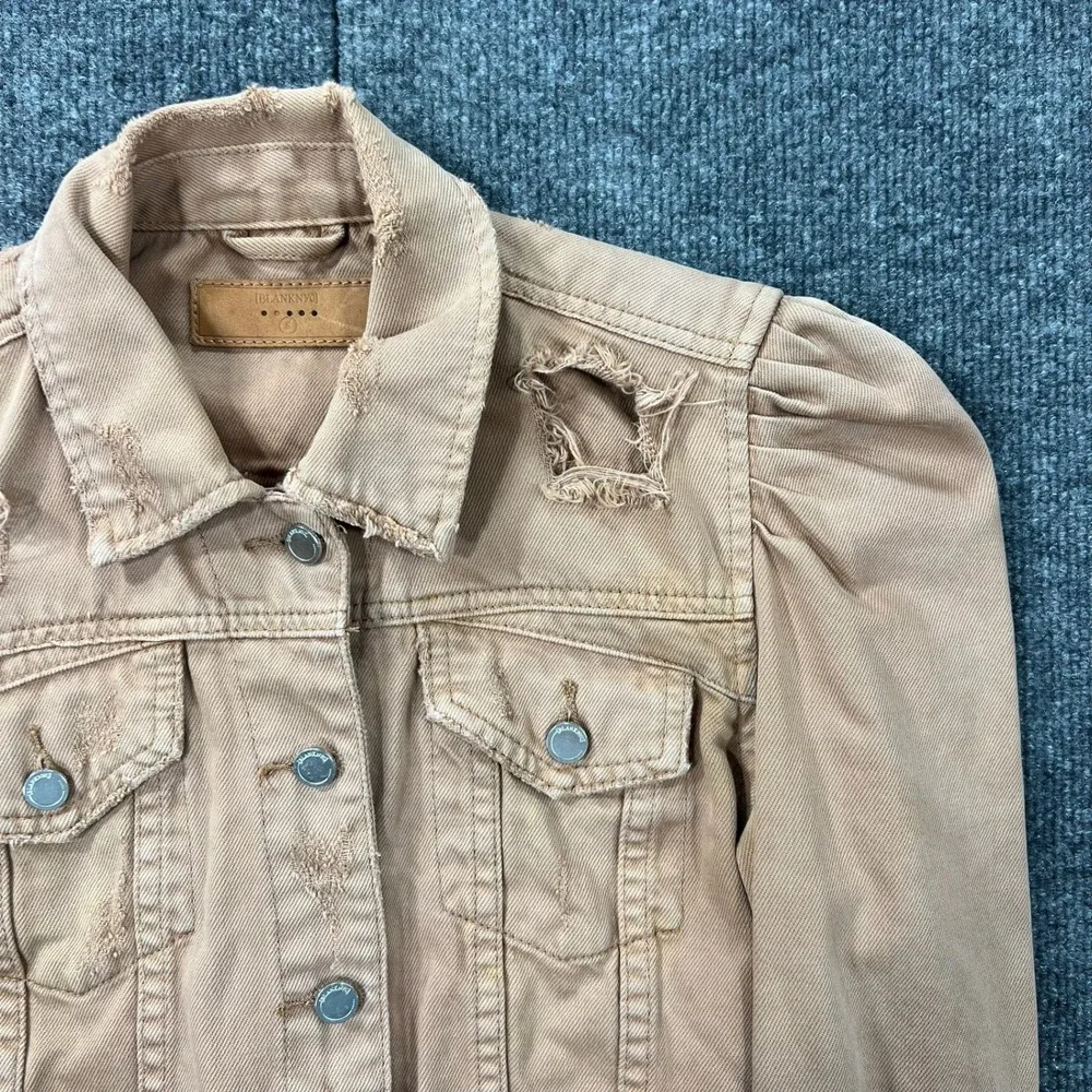 BLANKNYC Distressed Cropped Denim‎ Jacket Women's Small Puff Sleeve Tan