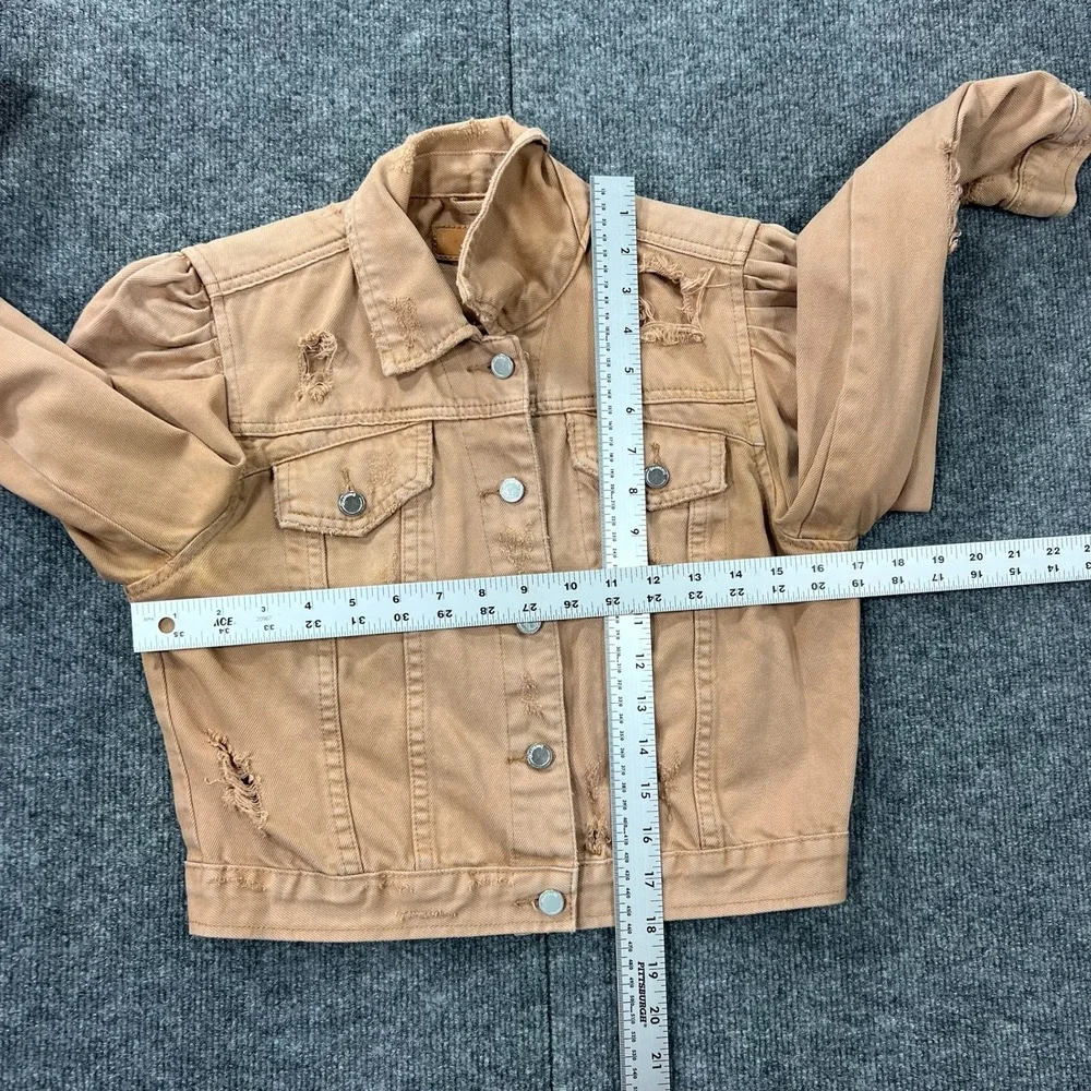BLANKNYC Distressed Cropped Denim‎ Jacket Women's Small Puff Sleeve Tan