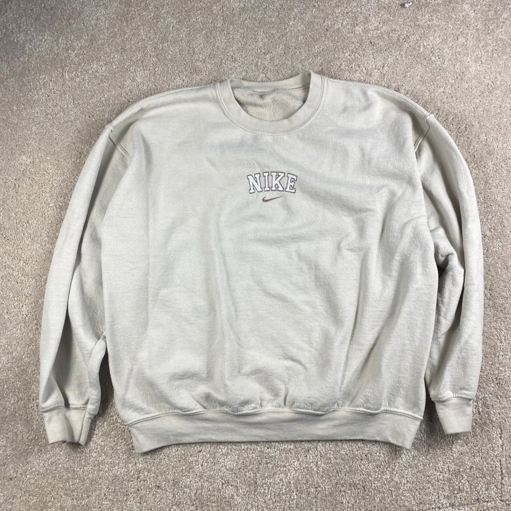 Nike Vintage Embroidered Center Swoosh Spellout Sweatshirt Beige Oatmeal XL