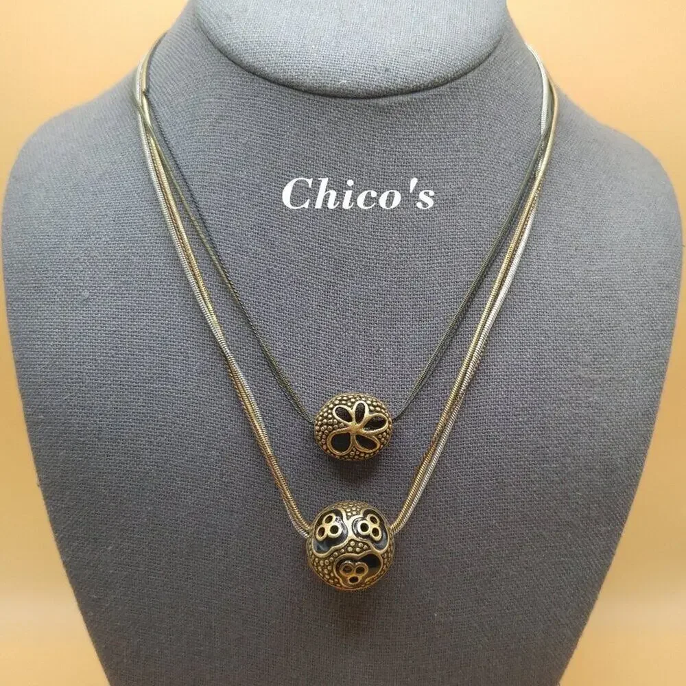 Chico’s Layered Pendant Necklace Black Enamel Beads Multistrand Chains