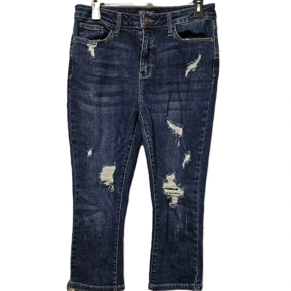 Judy Blue High Rise Capri Jeans Womens 9/29 Dark Wash Distressed‎ Ripped Denim