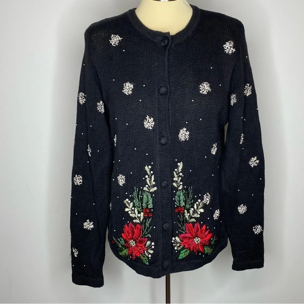 Victoria Jones Vintage Black Poinsettia Beaded Embroidered Cardigan Sweater