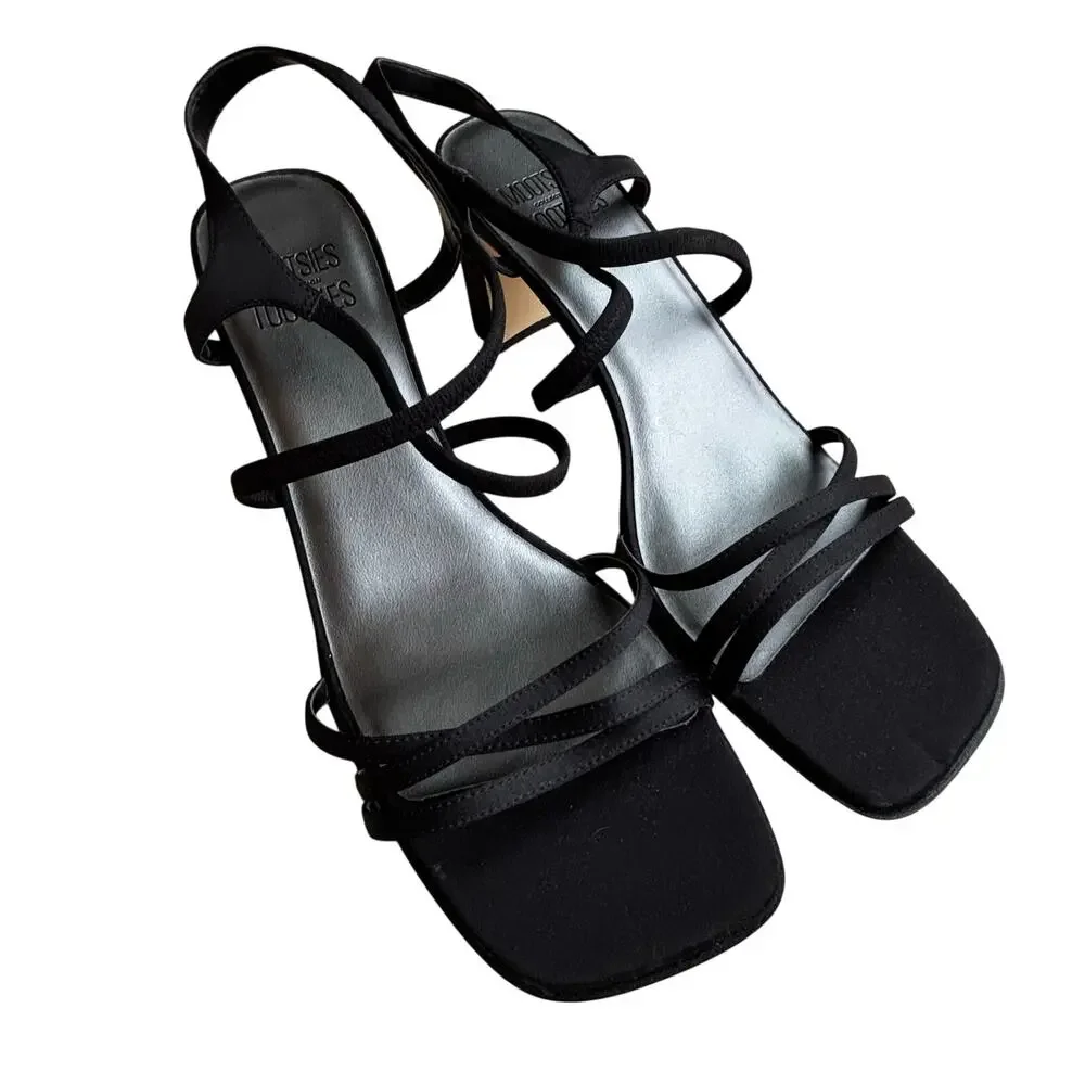 Mootsies Tootsies strappy black satin sandals dressy high heel shoes US size 11W