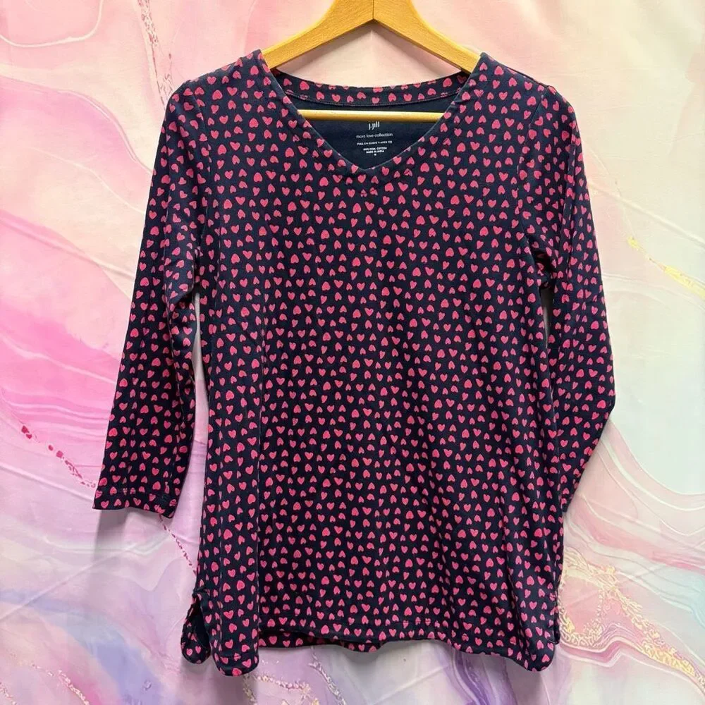 J. Jill M Navy Blue Pink Heart Print 3/4 Sleeve Blouse Romantic Feminine Artsy