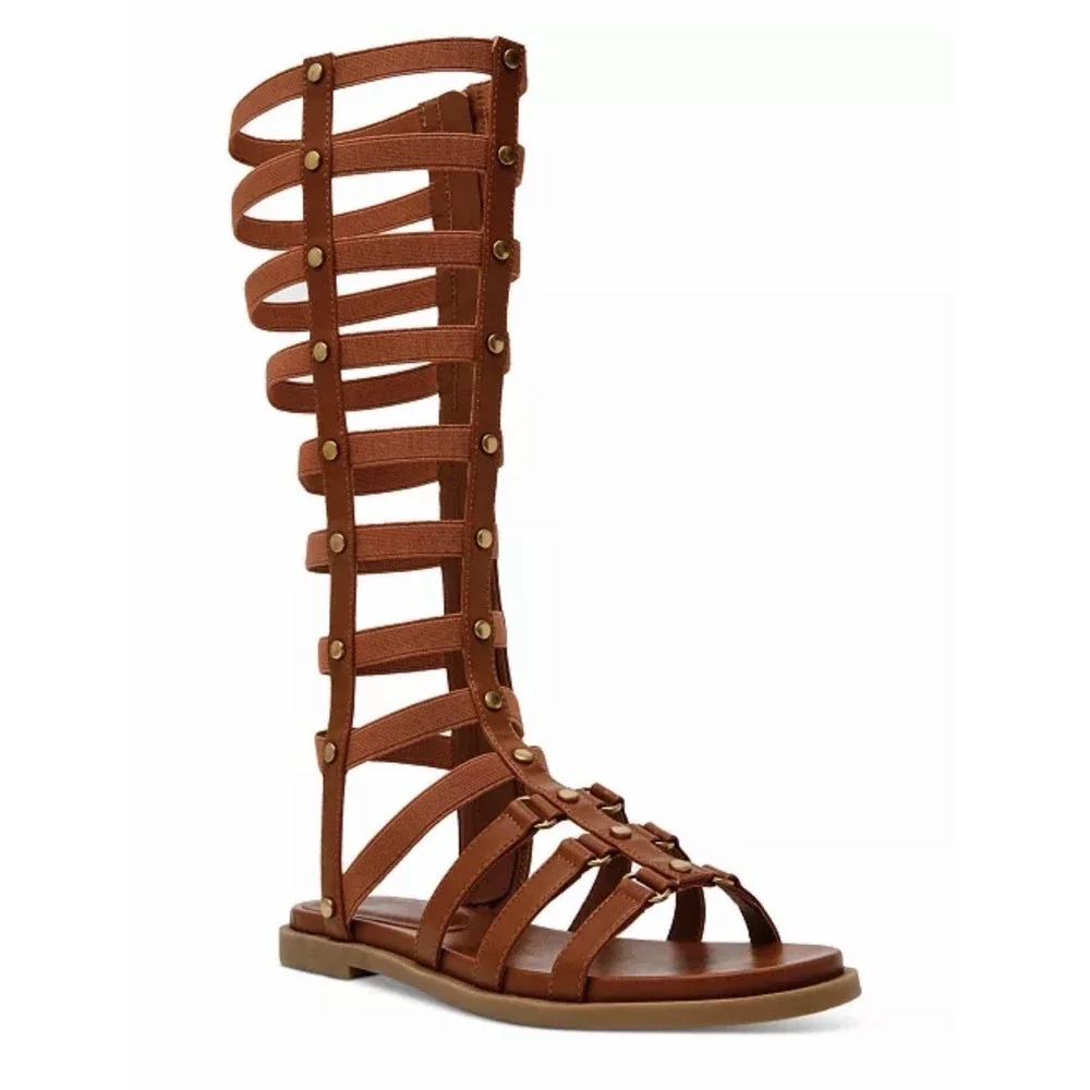 Wild‎ Pair Size-6.5M Romikaa Knee High Gladiator Sandals Brown Faux Leather