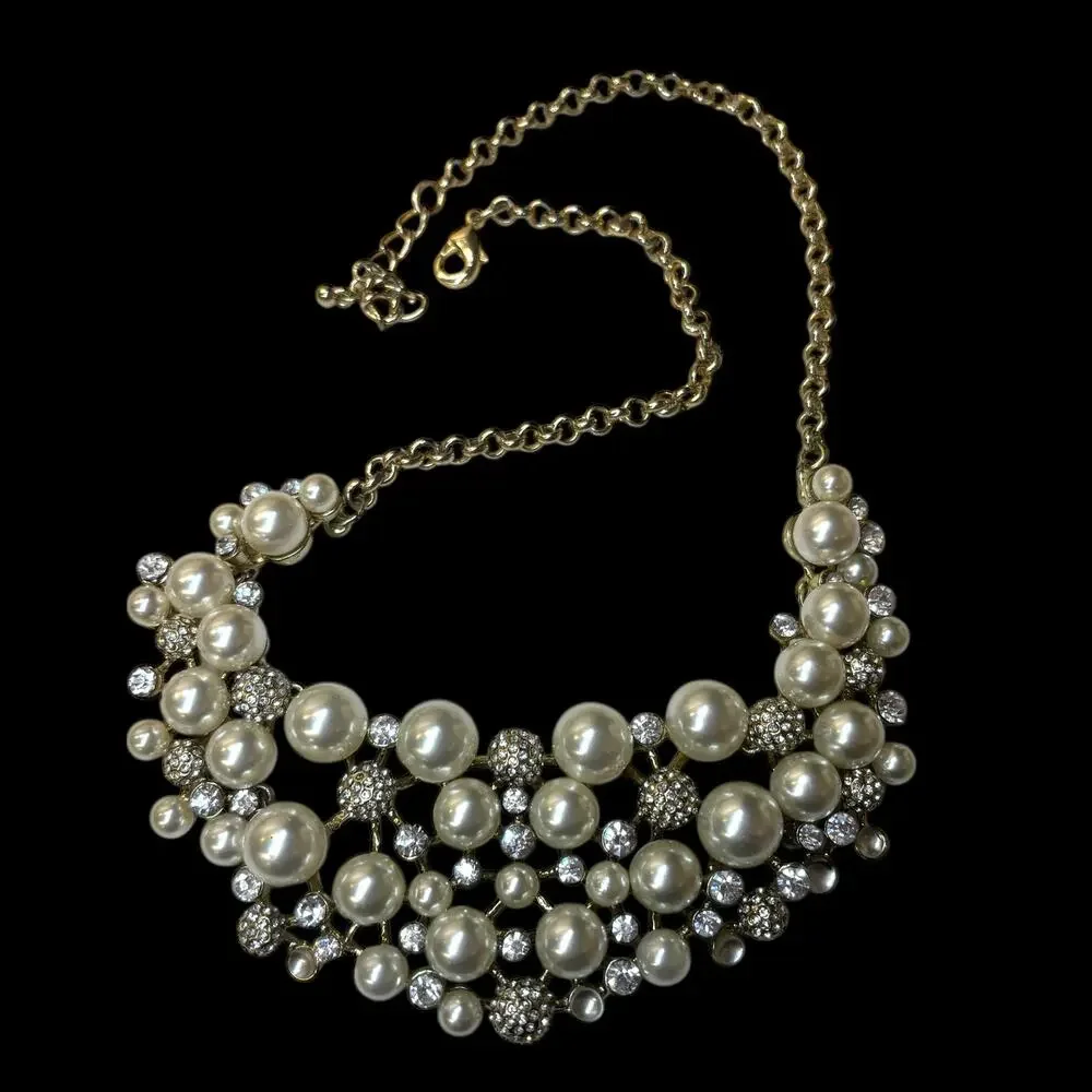 Faux Pearl Rhinestone Statement Bib Necklace Gold Sparkly Old Hollywood 18