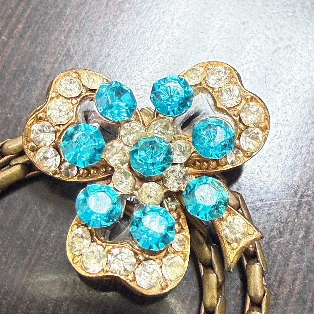 Vintage Clover Rhinestones‎ Bolo Style Slider Necklace Blue Turquoise Floral
