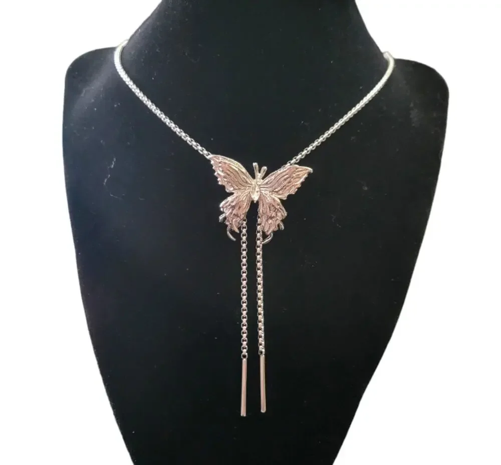 Butterfly bolo tie style lariat silver tone adjustable necklace