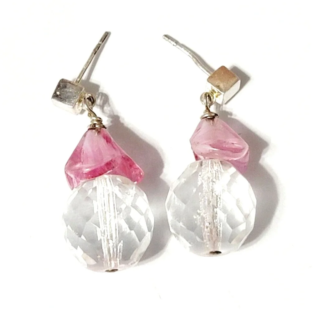 Vintage Dangle Pierced Earrings Faceted Glass, Pink Clear, 11/8