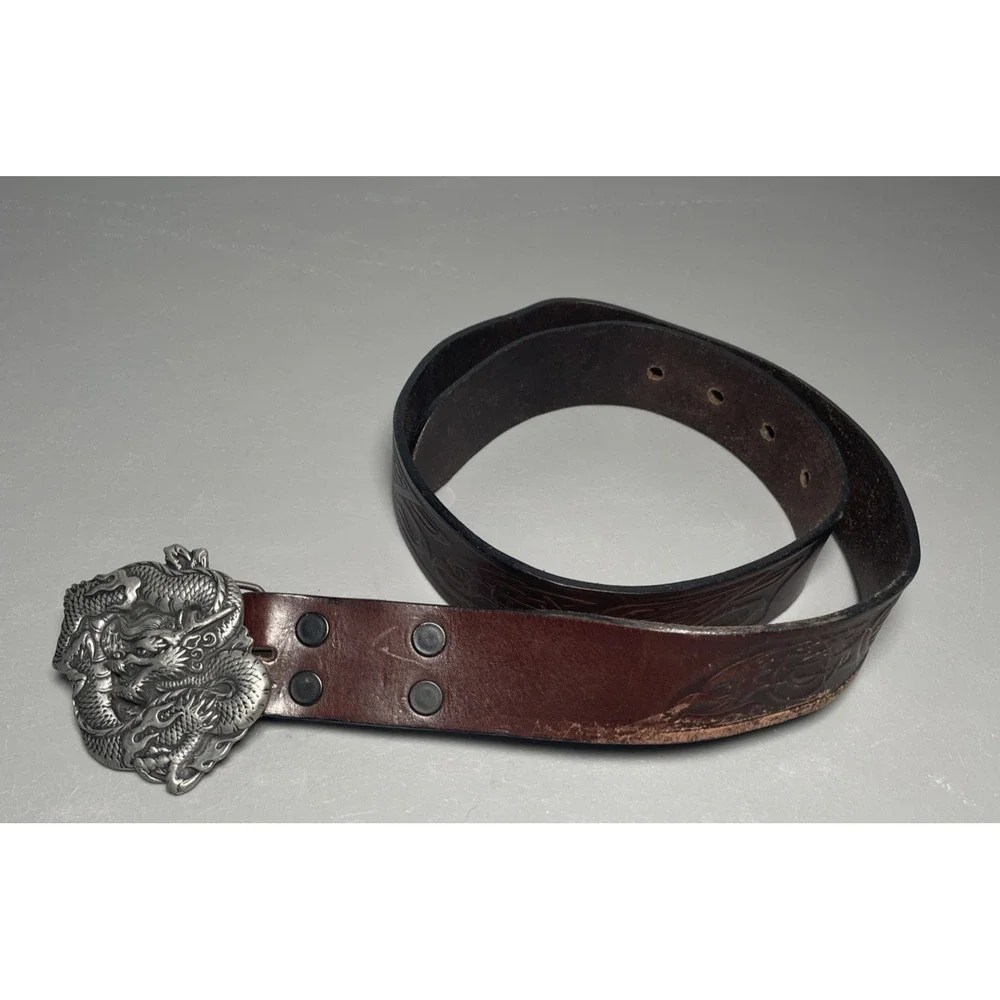 Tooled‎ Leather Western Dragon Buckle Belt Size 28