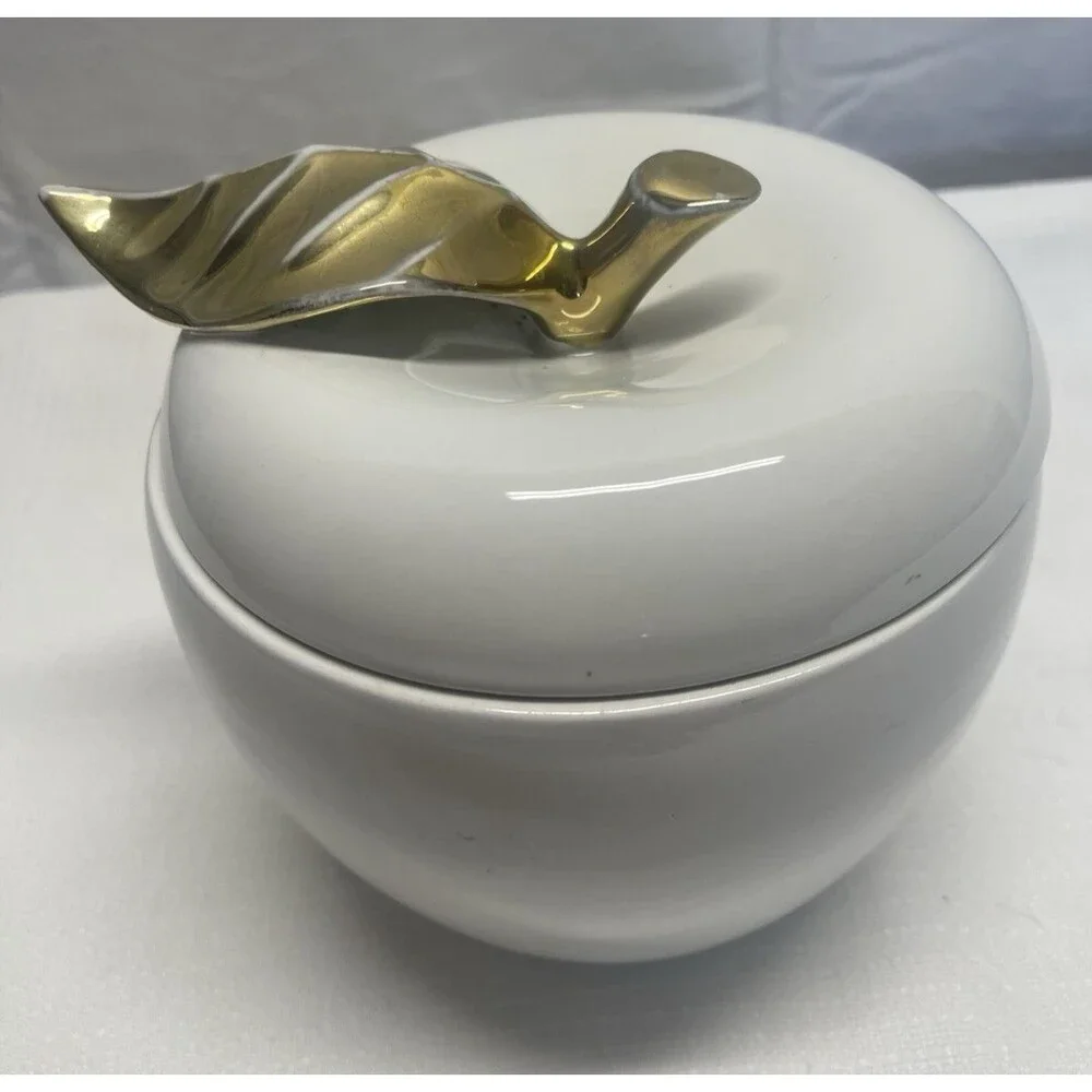 Vintage 1957 N.S Gustin White Gold Apple Cookie Jar Canister MCM Made in USA EUC