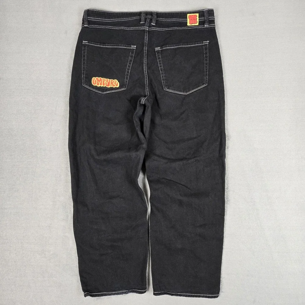 Empyre Denim Jeans Mens 36x30‎ Black Baggy Wide Leg Grunge Embroidered Y2K