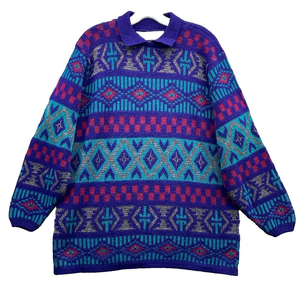 Vintage Alfred Dunner Sweater Mens Large Purple Cosby‎ Coogi Style 80s 90s Knit