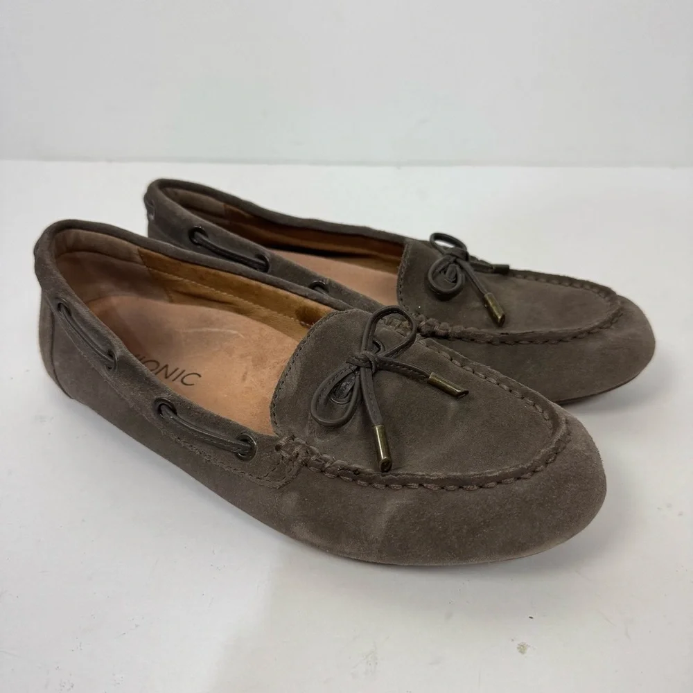 Vionic Suede Leather Grey Slip On Driving Loafers Casual Shoes With Bow Detail
