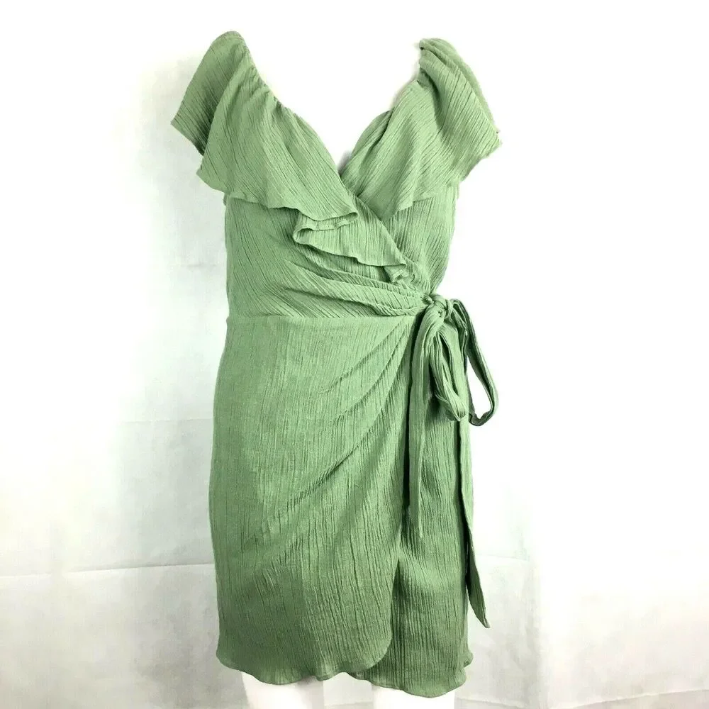 Free People Dress Womens Sz S Green Ruffled‎ Crinkle Mini Wrap Sundress V-Neck
