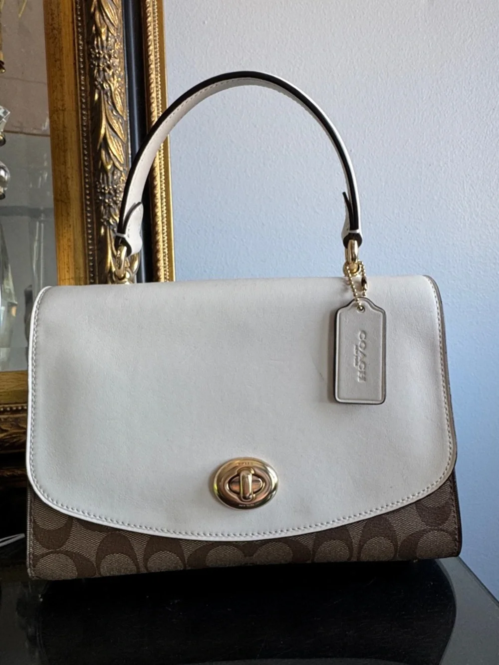 Coach Two-Tone Cream and Brown Signature Satchel