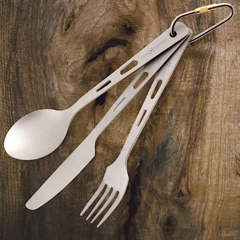 100% Titanium Three-piece‎ Utensil Set Fork Knife Spoon Ultralight Core Element