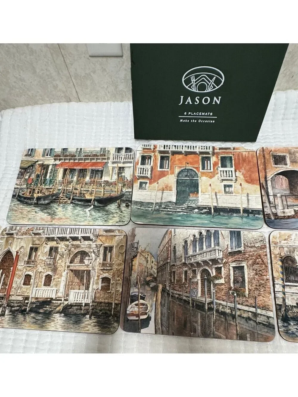 Jason Products Venice Placemats Set of 6 Hard Cork Back Board Italian Canals