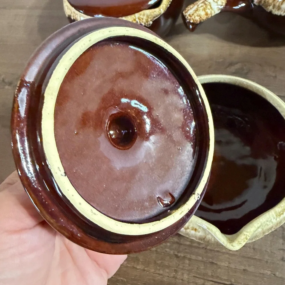 Set of 3 Vintage 70s Brown Drip Glaze French Onion Soup Crocks with Lids
