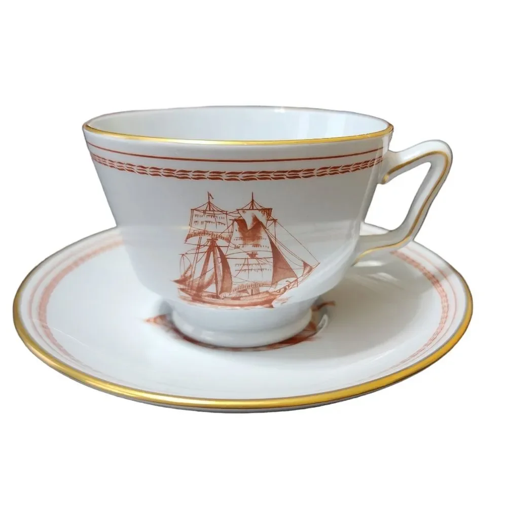 Spode Trade Winds Cup Saucer Red Gold England Fine Stone W128 Design C 1805
