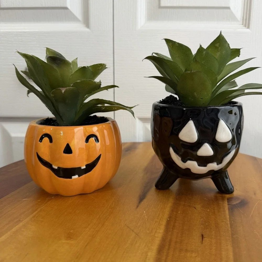 Orange Black Pumpkin Planters Set Of 2 Faux Succulent Halloween Office Home