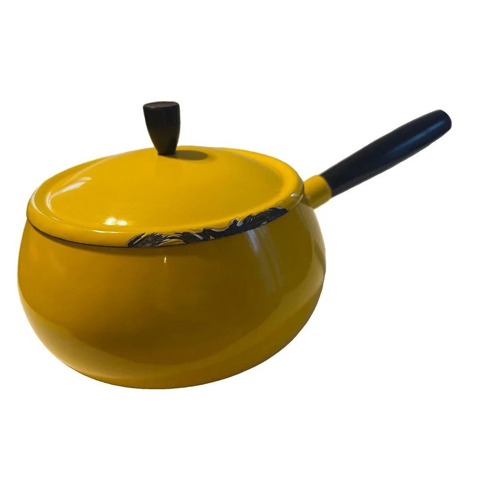 Vintage Yellow Enamel Sauce Pan Pot Lid Black Handle Kitchen Cookware Farmhouse