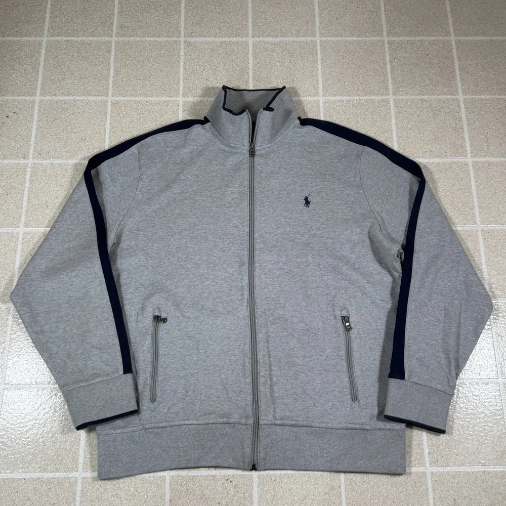 Vintage Polo Ralph Lauren Full Zip Track Jacket Gray Blue Striped Men's Size XL