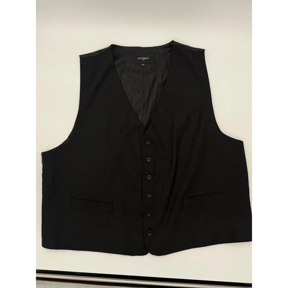Statement Italy Mens Black Suit Vest Formal Waistcoat Size 50R Adjustable Back