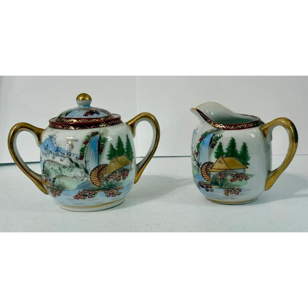 Vintage Japanese Hand Painted Porcelain Creamer and Sugar Bowl Set Waterfall