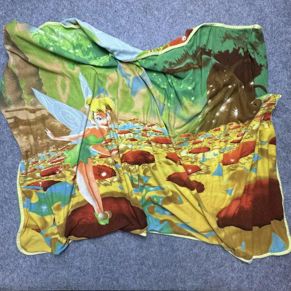 VTG Disney Tinker Bell Throw Blanket 40x50 Fleece Kids Disney Fairies Multicolor