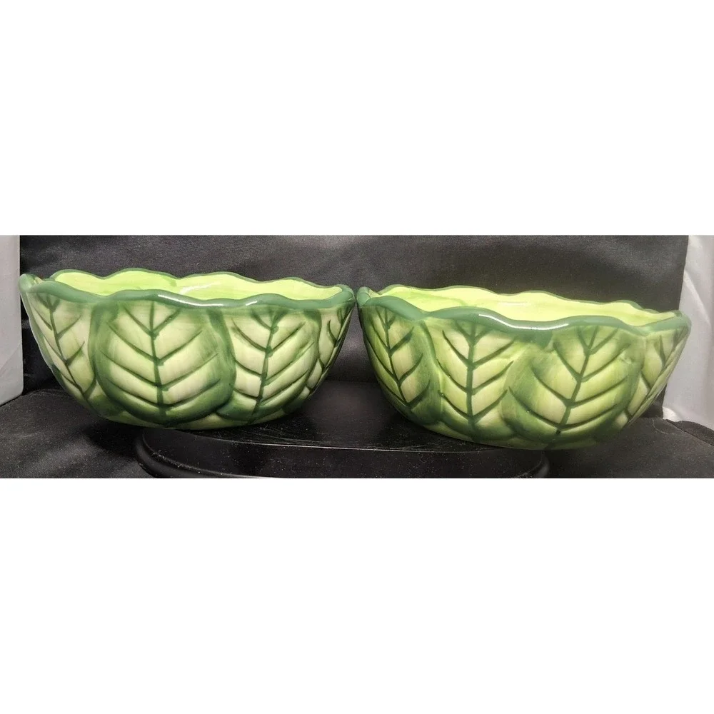 Set of 2 Ceramic Cabbage Leaf Bowls Green Scalloped Rim Hand Painted Bowls