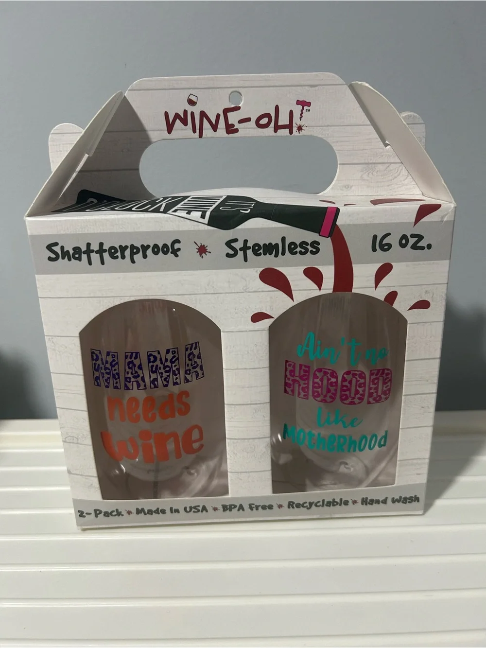 NEW - Mom Themed Shatterproof Plastic Stemless Wine Glasses