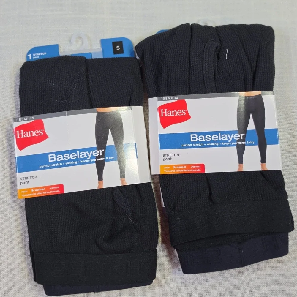 2 Pack Hanes Premium Baselayer Stretch Pants Mens Small Black Thermal Leggings