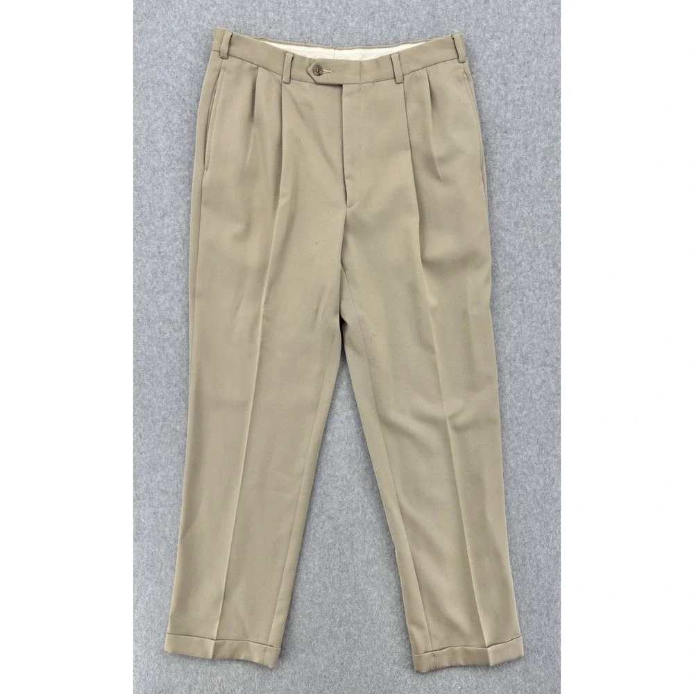 Tommy Hilfiger Classic American Pleated Dress Pants Tan 34x32 Cuffed Vintage 90s