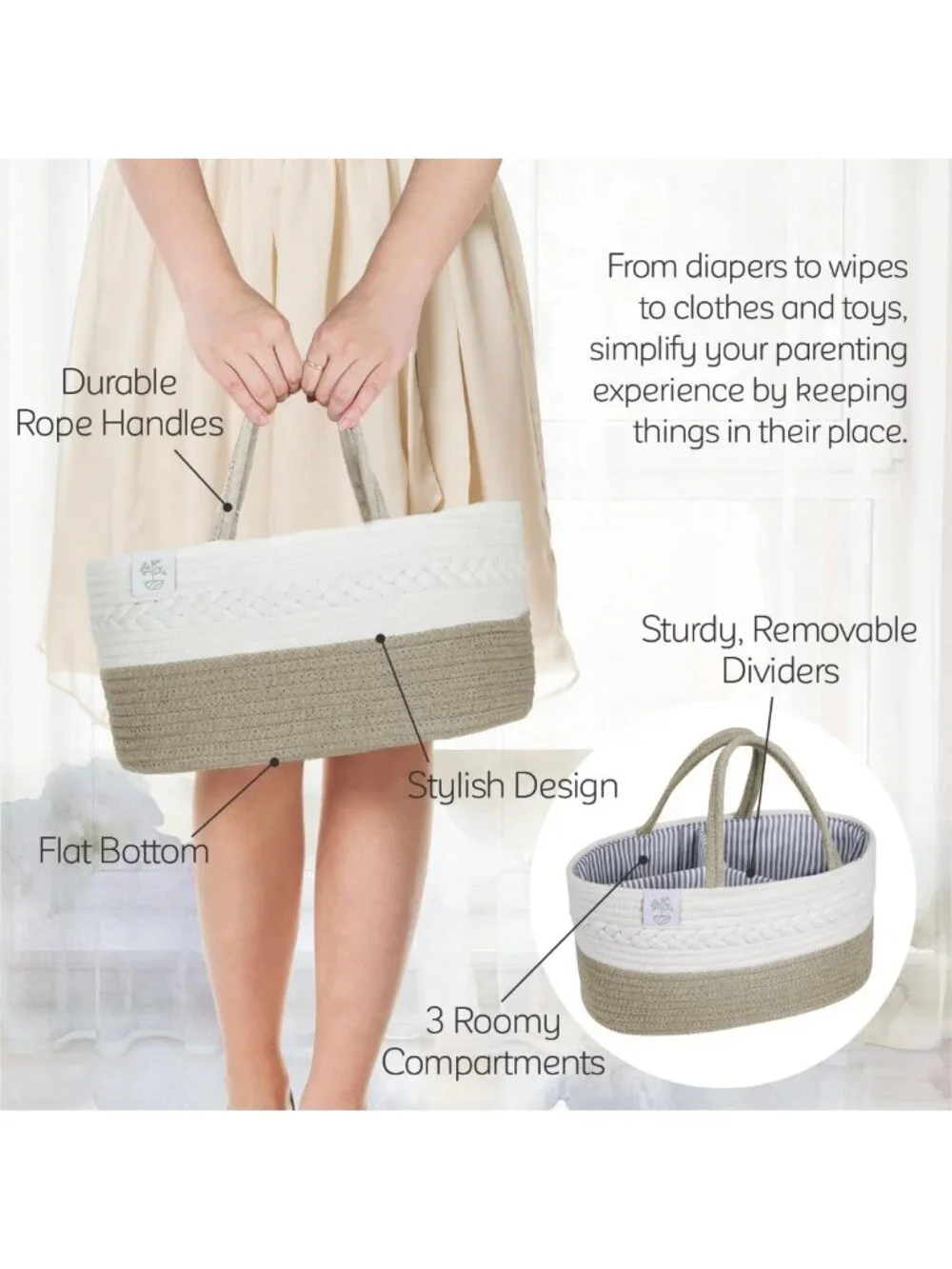 Large Gray Woven Diaper Caddy Organizer | Multi-Functional Baby Storage Basket