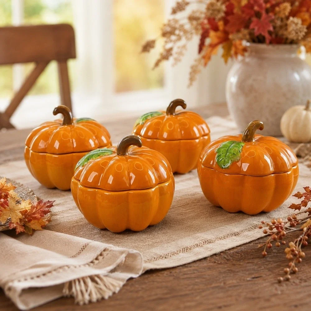 Temp-tations by Tara Fresh Crop Pumpkin Soup Bowls w Lids Set of 4 Harvest