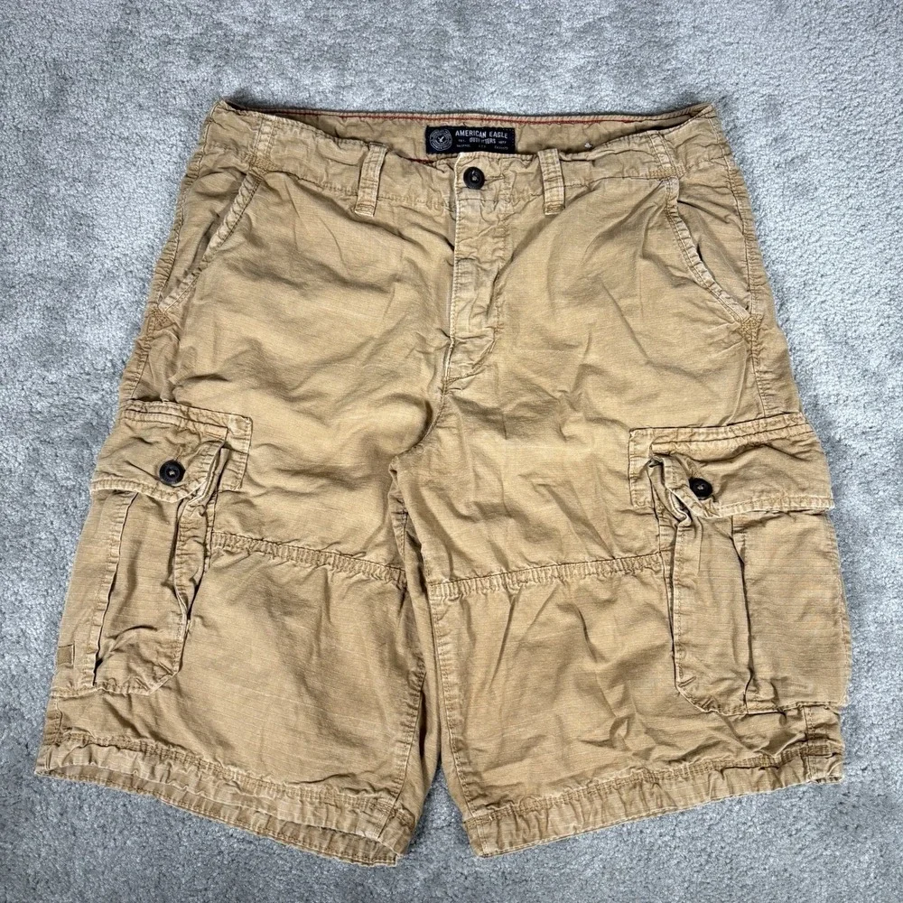 American Eagle Cargo Shorts Mens 34 Longboard Tan Canvas Ripstop Baggy Heavy Y2K
