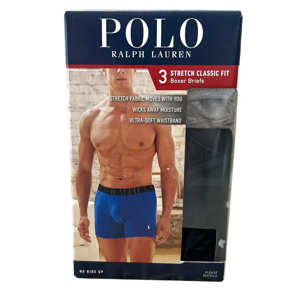Polo Ralph Lauren 3 Stretch Classic Fit Boxer Briefs NIB Men's Sz S Black Gray